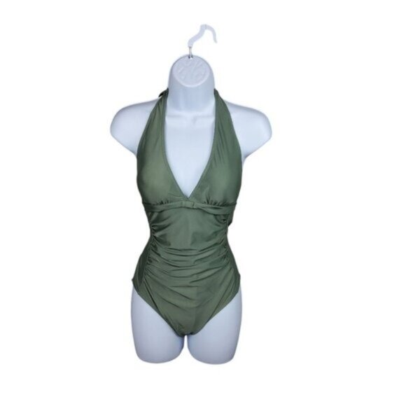 Lomitti Ruched Keyhole Back Tummy Control Low Cut One Piece Swimsuit In Green XL - Picture 1 of 5